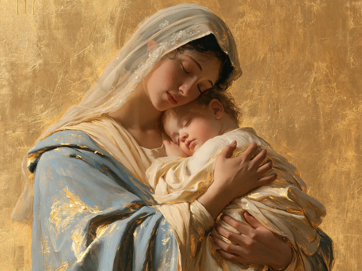 the Virgin Mary with the Child Jesus in Sacred Gold style, landscape Christian artwork no. 1