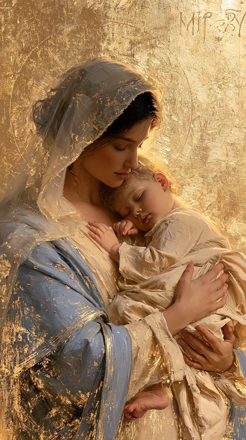 the Virgin Mary with the Child Jesus in Sacred Gold style, portrait Christian artwork no. 12