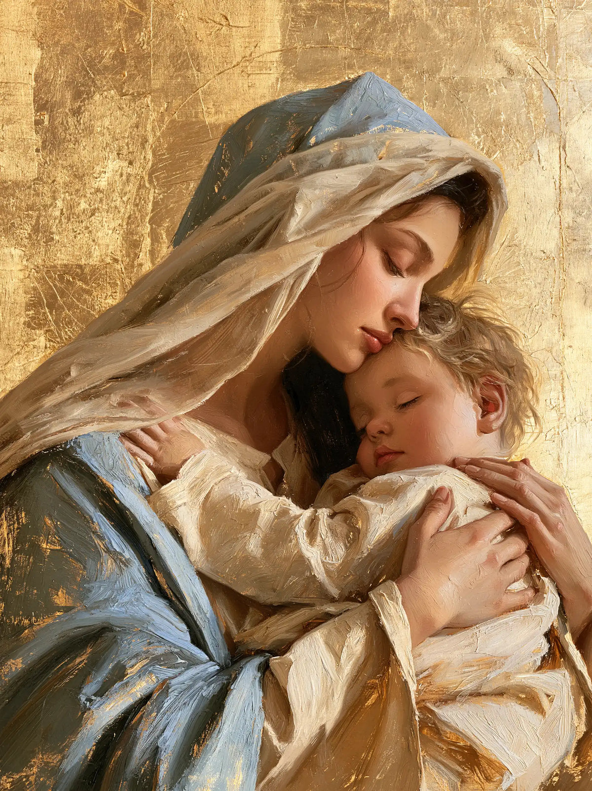 the Virgin Mary with the Child Jesus in Sacred Gold style, portrait Christian artwork no. 26