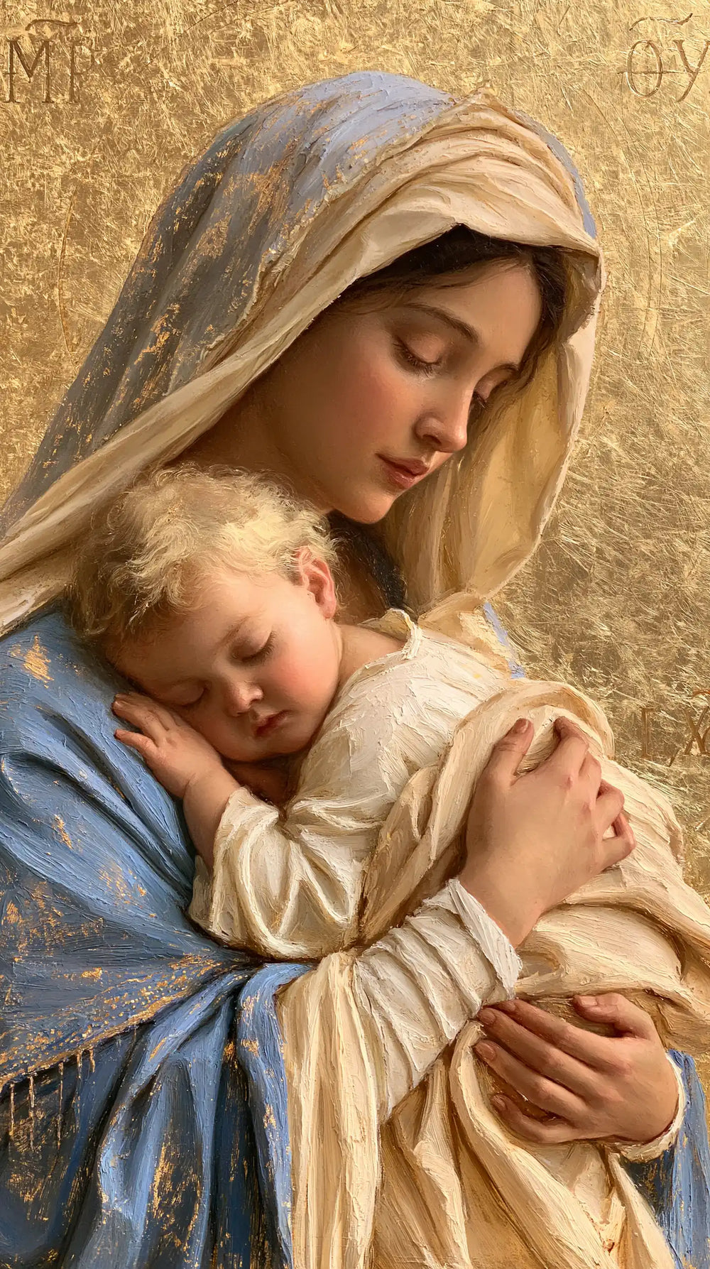 the Virgin Mary with the Child Jesus in Sacred Gold style, portrait Christian artwork no. 27