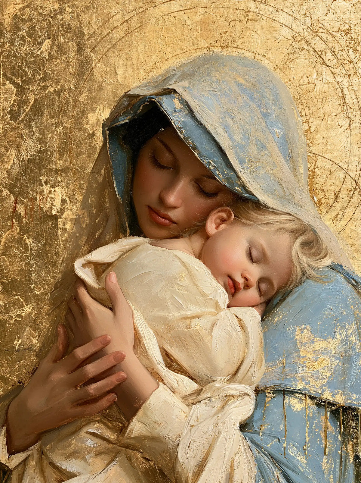 the Virgin Mary with the Child Jesus in Sacred Gold style, portrait Christian artwork no. 31