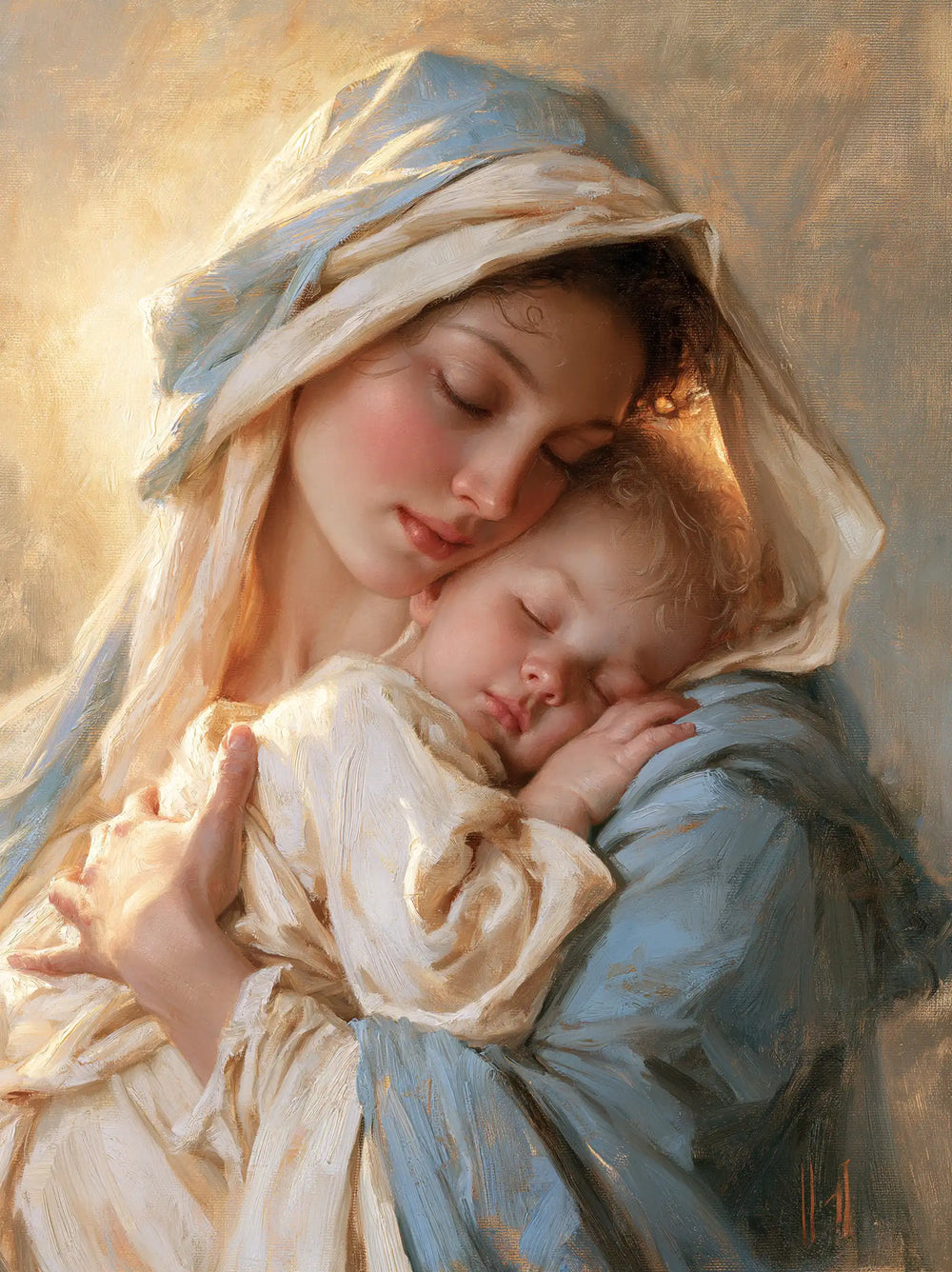 the Virgin Mary sharing a tender moment with the Child Jesus in Sacred Maternal Tenderness style, portrait Christian artwork no. 6