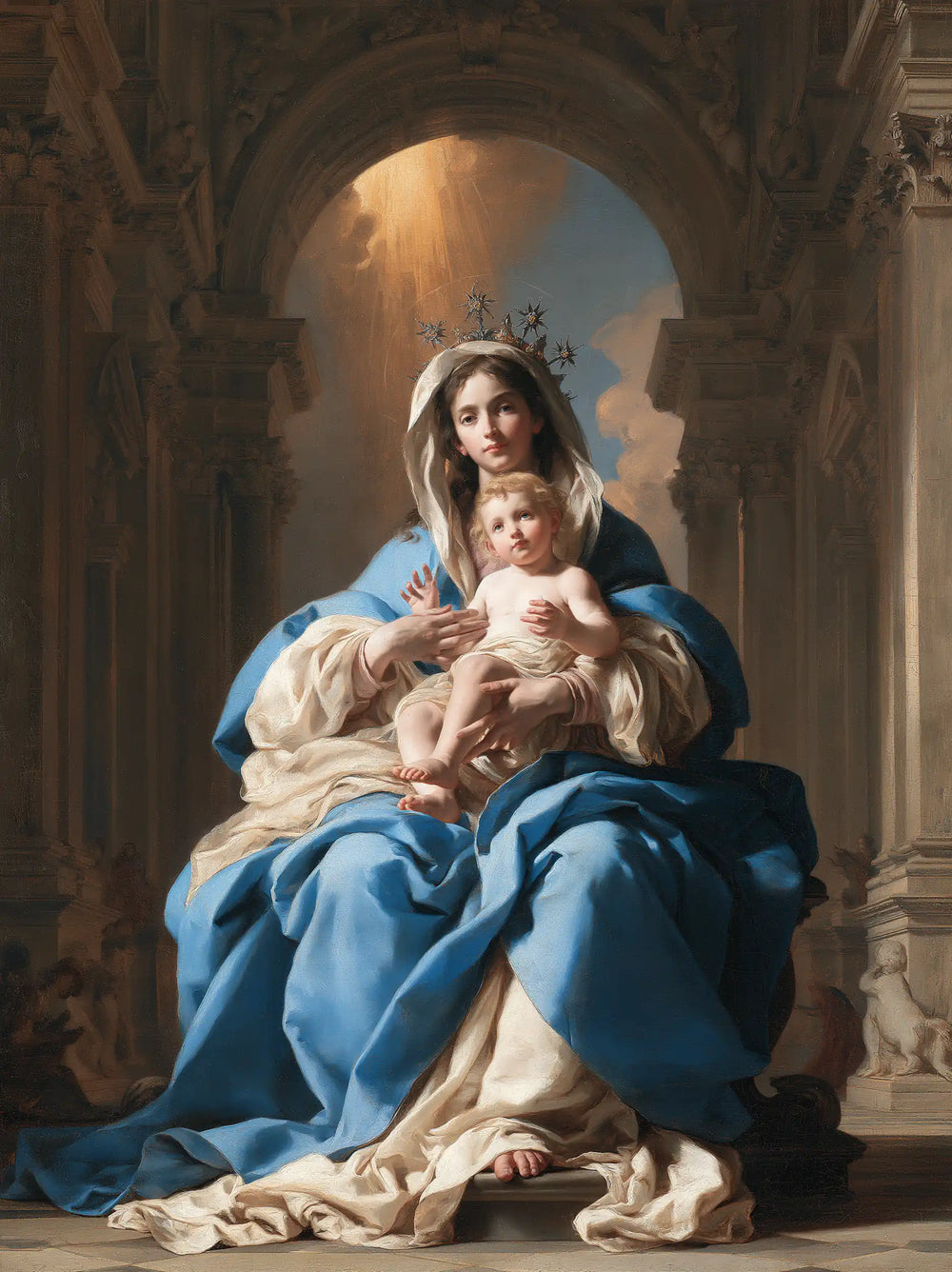 the Virgin Mary and the Child Jesus in a majestic composition in Sacred Monumental View style, portrait Christian artwork no. 32