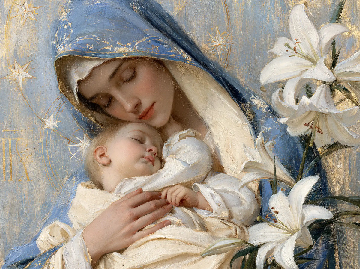 the Virgin Mary and the Child Jesus in Symbolist style, landscape Christian artwork no. 8