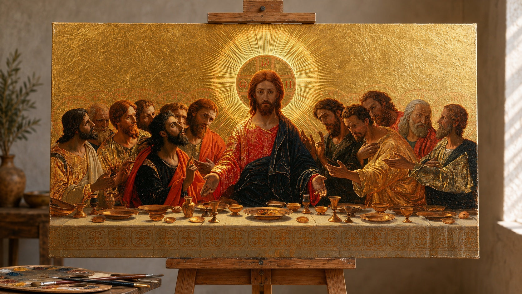 Det samme Last Supper-kunstværk håndmalet i olier på et uindrammet lærred i studiet