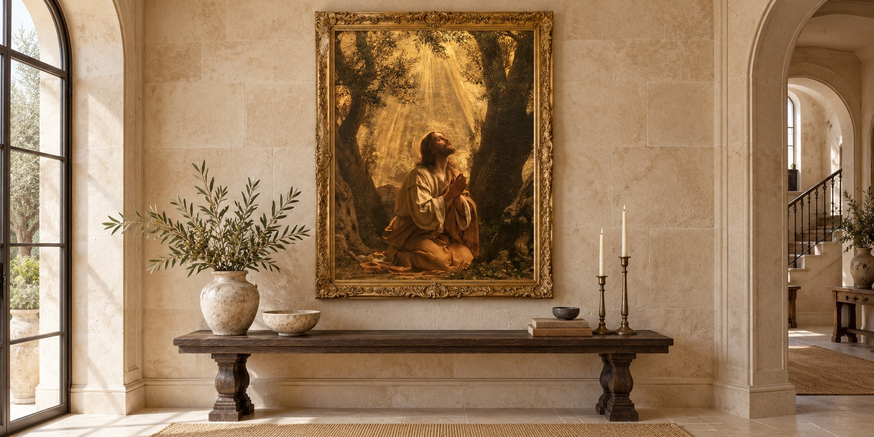 Jesus in Gethsemane — Gold artwork styled in a gold frame